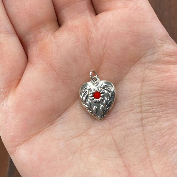 Vintage 925 Sterling Silver Red Enamel Flower with Leaves Puffy Heart Charm - Picture 1 of 3